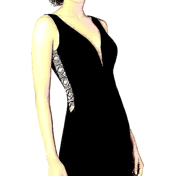 Xscape Women's V-neck Embellished  Body-con Cutout Dress Black size 4 or 8! NEW! - Picture 4 of 8